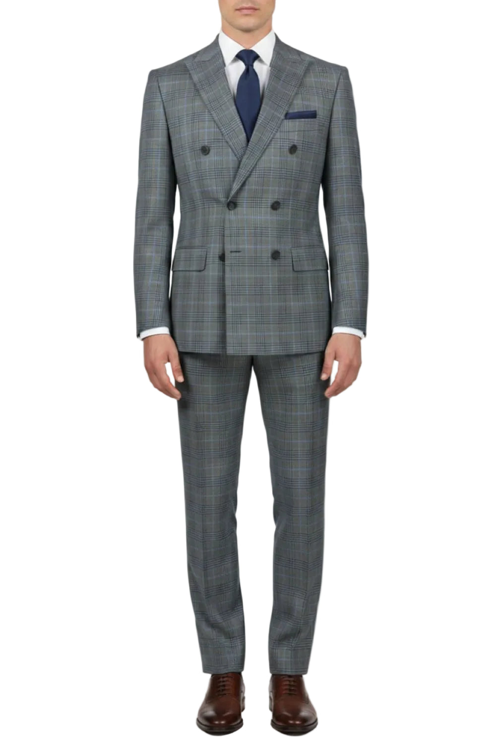 Charcoal gray checkered suit with a blue tie and pocket square on a white background