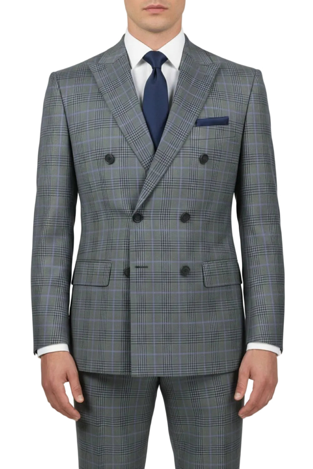 Charcoal gray checkered suit with a blue tie on a white background