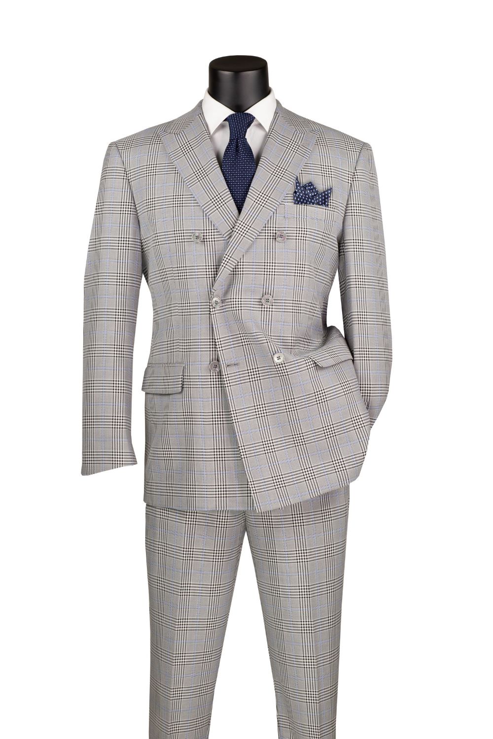 Alexander Collection - Gray Double Breasted 2 Piece Suit Regular Fit Tone on Tone Windowpane