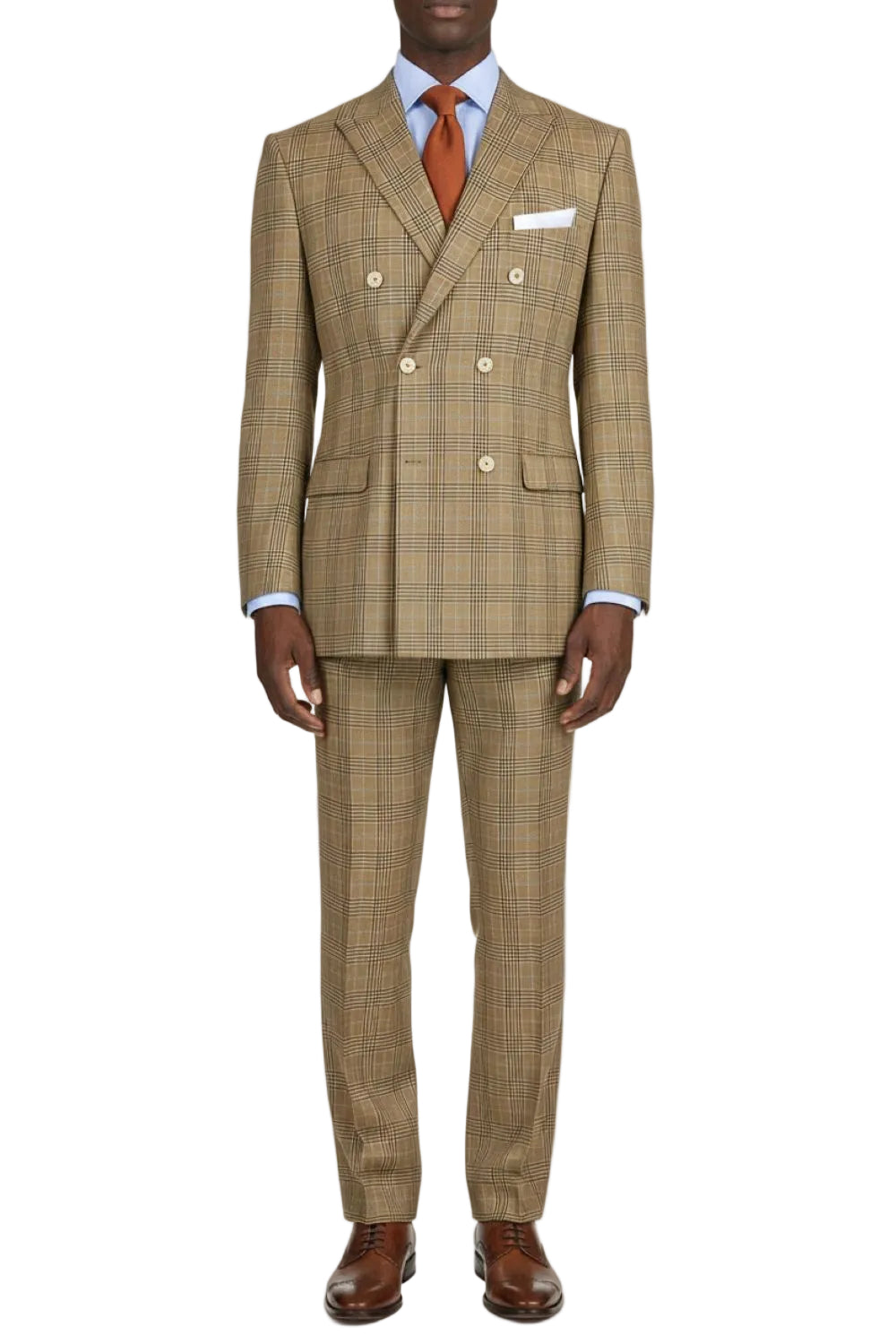Brown plaid suit with a red tie on a white background