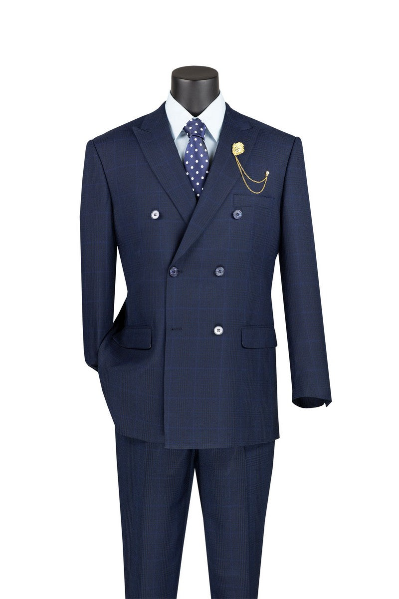 Alexander Collection - Regular Fit Navy Glen Plaid Double Breasted 2-Piece Suit
