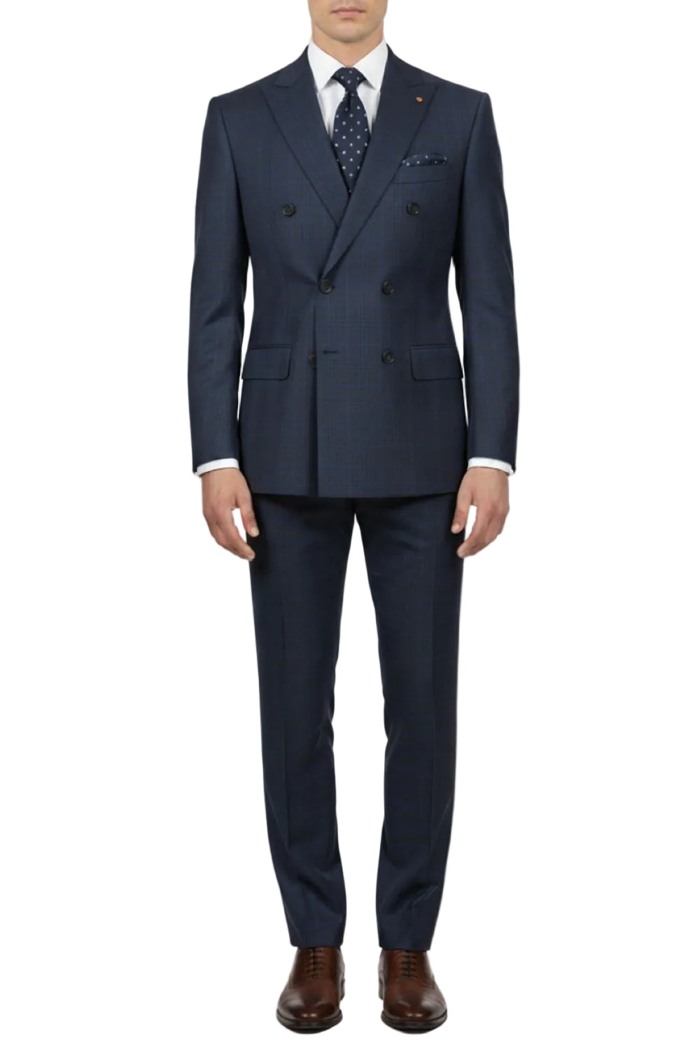 Navy blue suit with a white shirt and brown shoes on a white background
