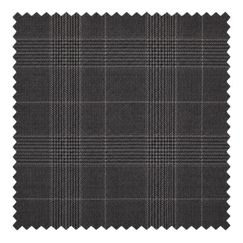 A square fabric swatch with serrated edges showing a dark gray and black plaid pattern on a white background.