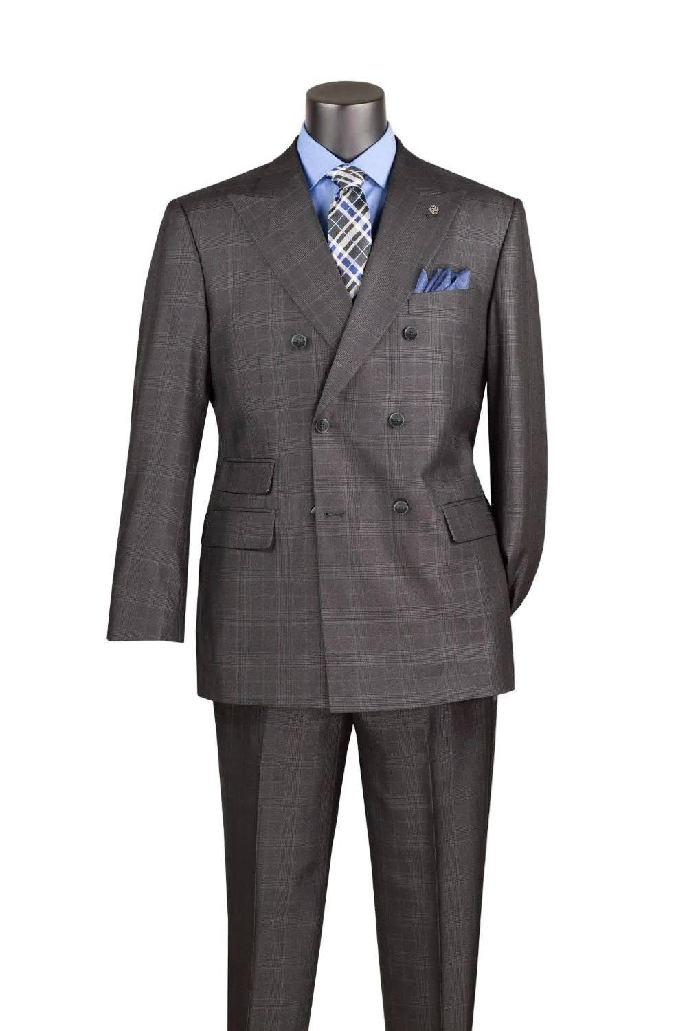 Regular Fit Double Breasted Glen Plaid 2-Piece Suit - Black