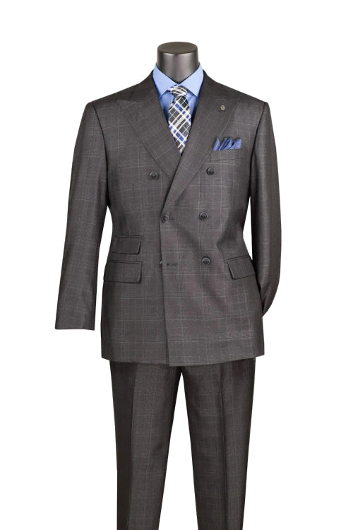Black regular fit 2 piece men's double breasted glen plaid suit
