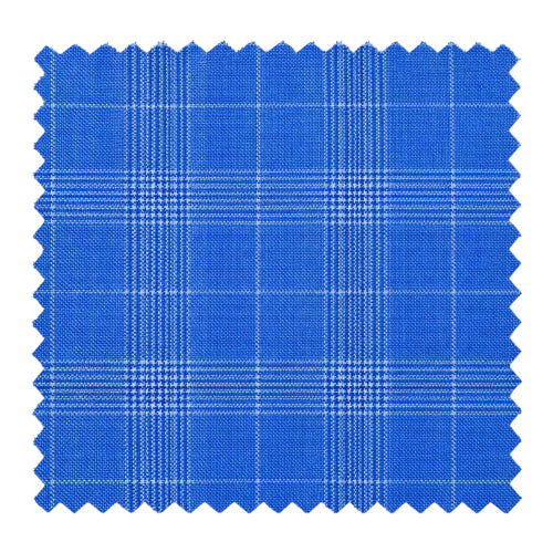 A square fabric swatch with scalloped edges, showing a blue and white plaid pattern on a plain white background.