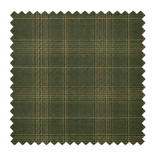 A square fabric swatch with serrated edges showing a dark olive green plaid pattern with fine tan and brown intersecting lines, isolated on a white background.