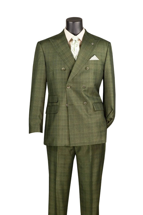 Olive regular fit 2 piece men's double breasted glen plaid suit