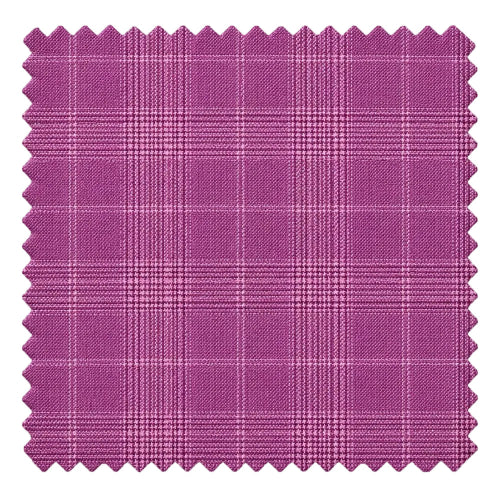 A square fabric swatch with scalloped edges, showing a purple and pink plaid pattern on a white background.
