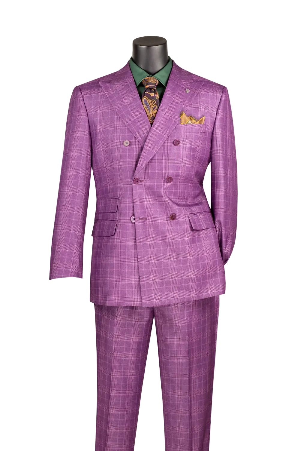 Regular Fit Double Breasted Glen Plaid 2-Piece Suit - Plum