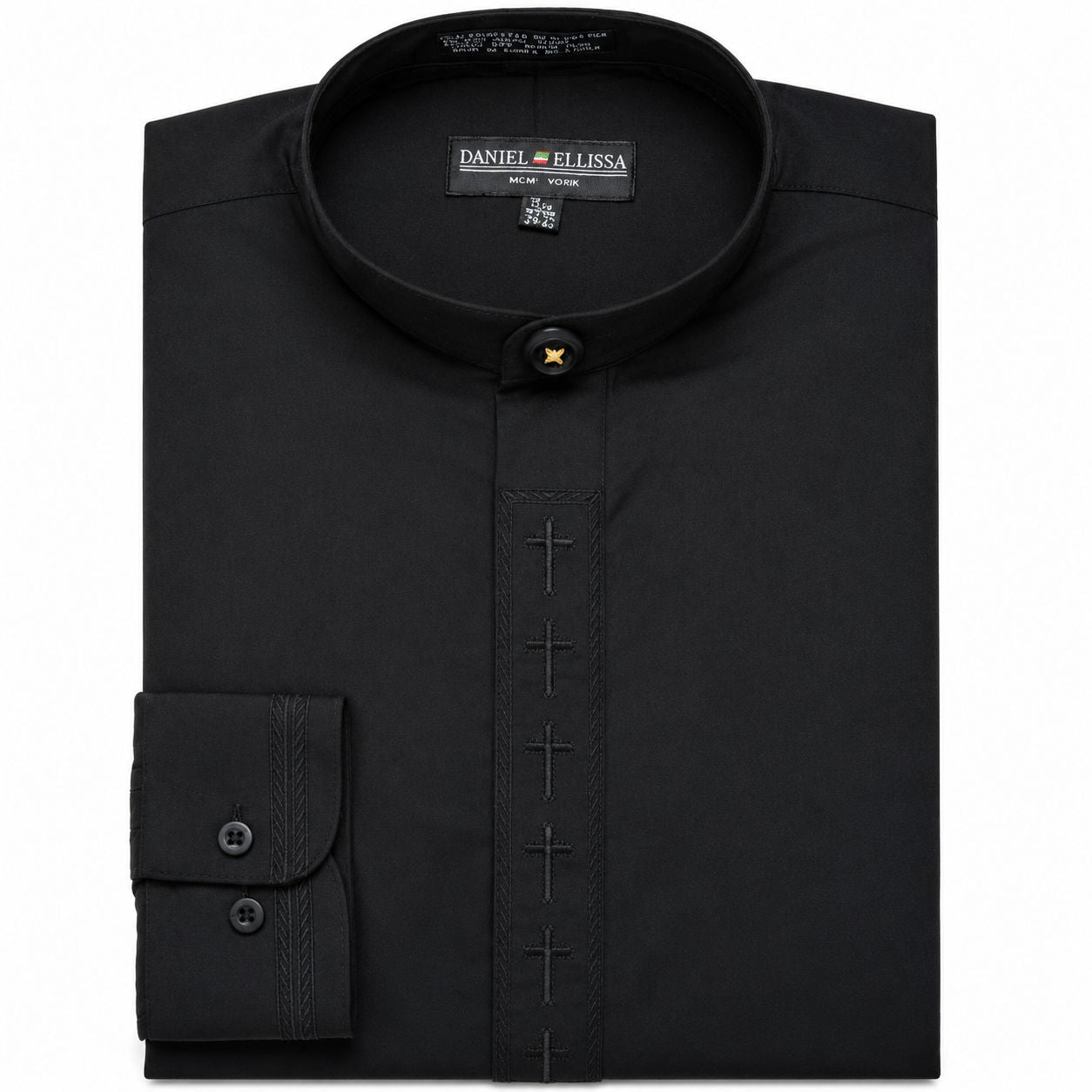 Men's Banded Collar Embroidered Convertible Cuff Shirt in Black/Black