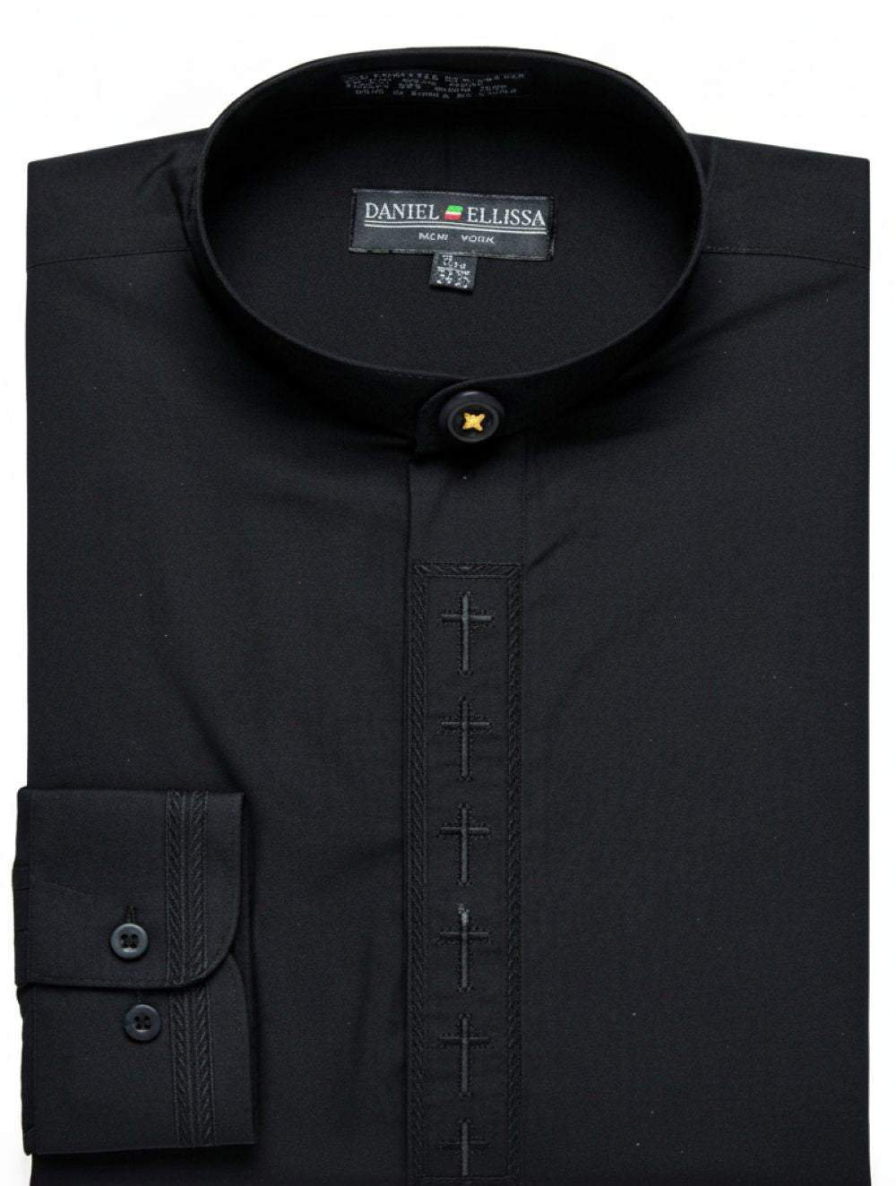 Men's Banded Collar Embroidered Convertible Cuff Shirt in Black/Black