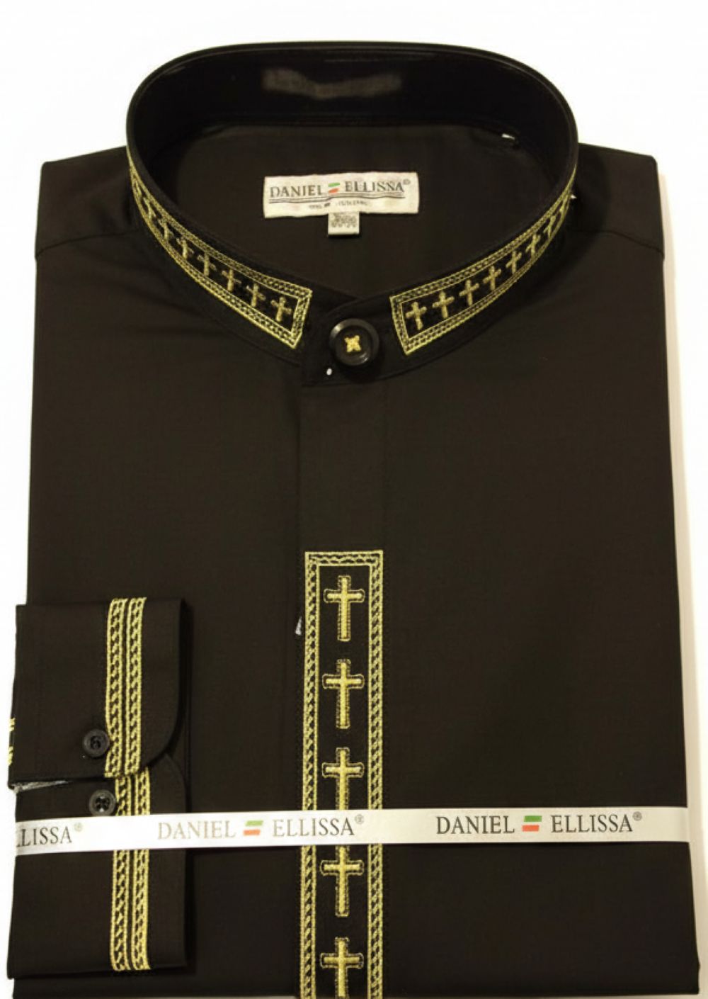 Men's Banded Collar Embroidered Convertible Cuff Shirt in Black/Gold