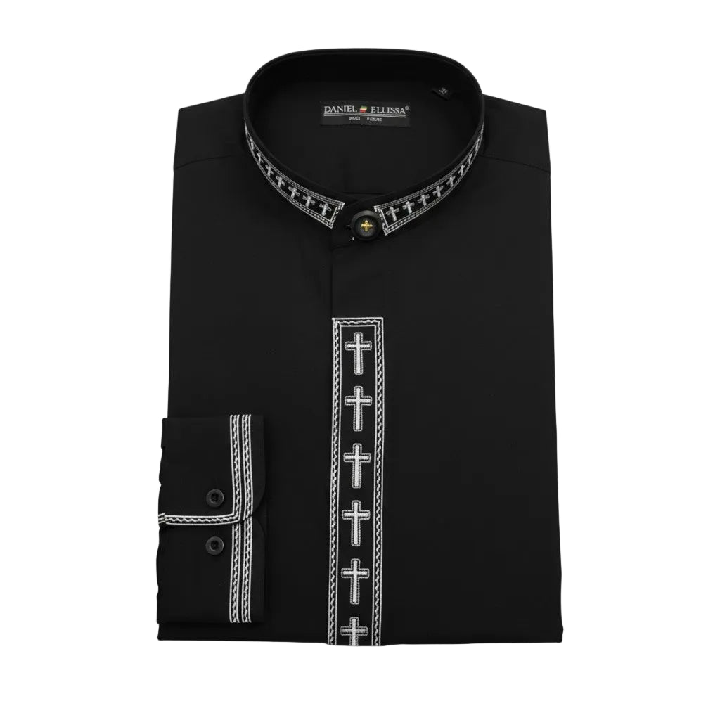 Men's Banded Collar Embroidered Convertible Cuff Shirt in Black/White