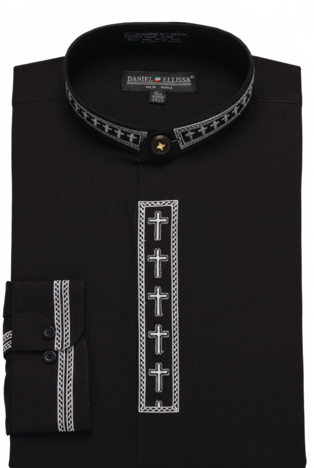 Men's Banded Collar Embroidered Convertible Cuff Shirt in Black/White