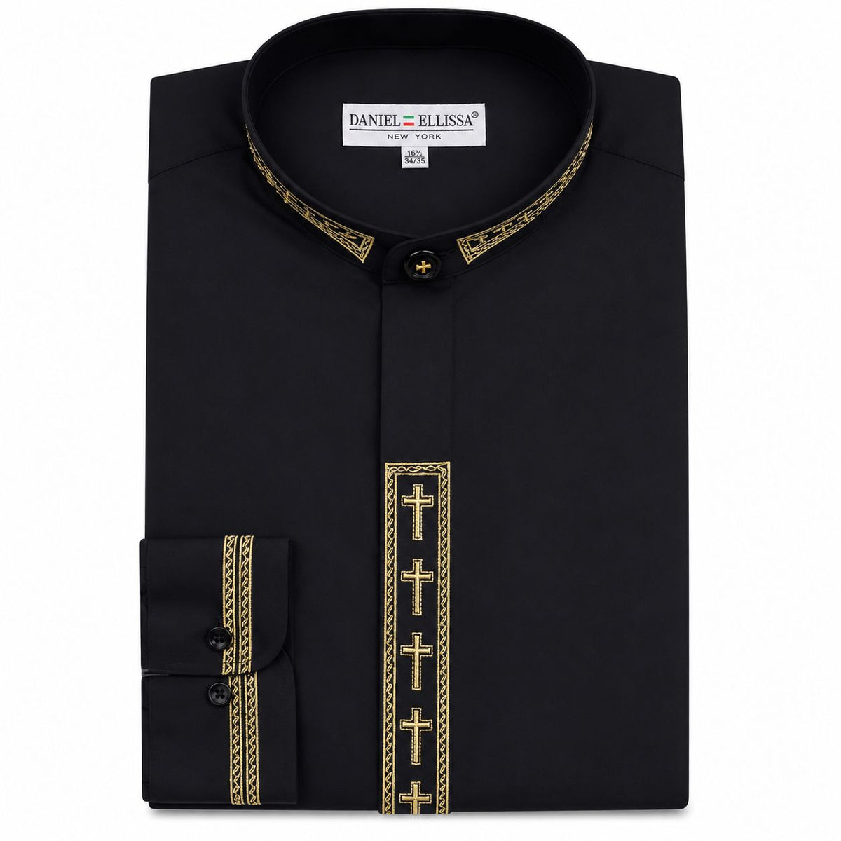 Men's Banded Collar Embroidered Convertible Cuff Shirt in Black/Gold 20½ 36/37 / Black/Gold