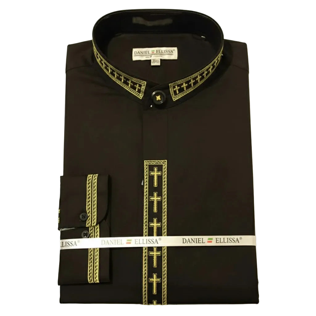 Men's Banded Collar Embroidered Convertible Cuff Shirt in Black/Gold