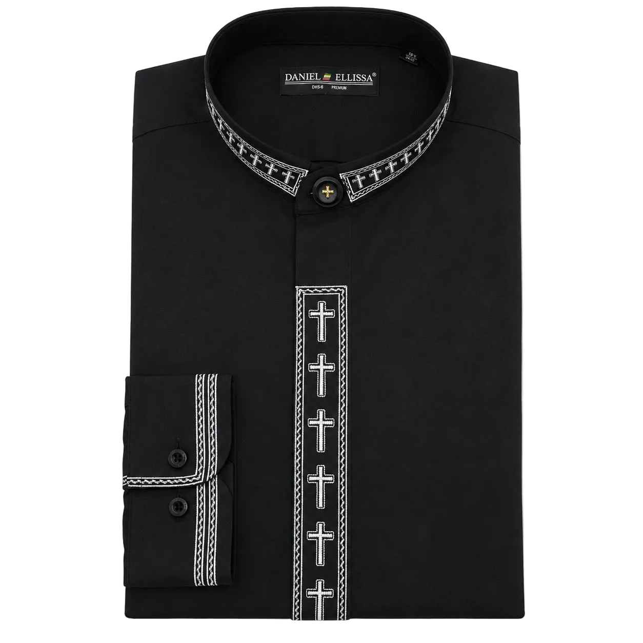 Men's Banded Collar Embroidered Convertible Cuff Shirt in Black