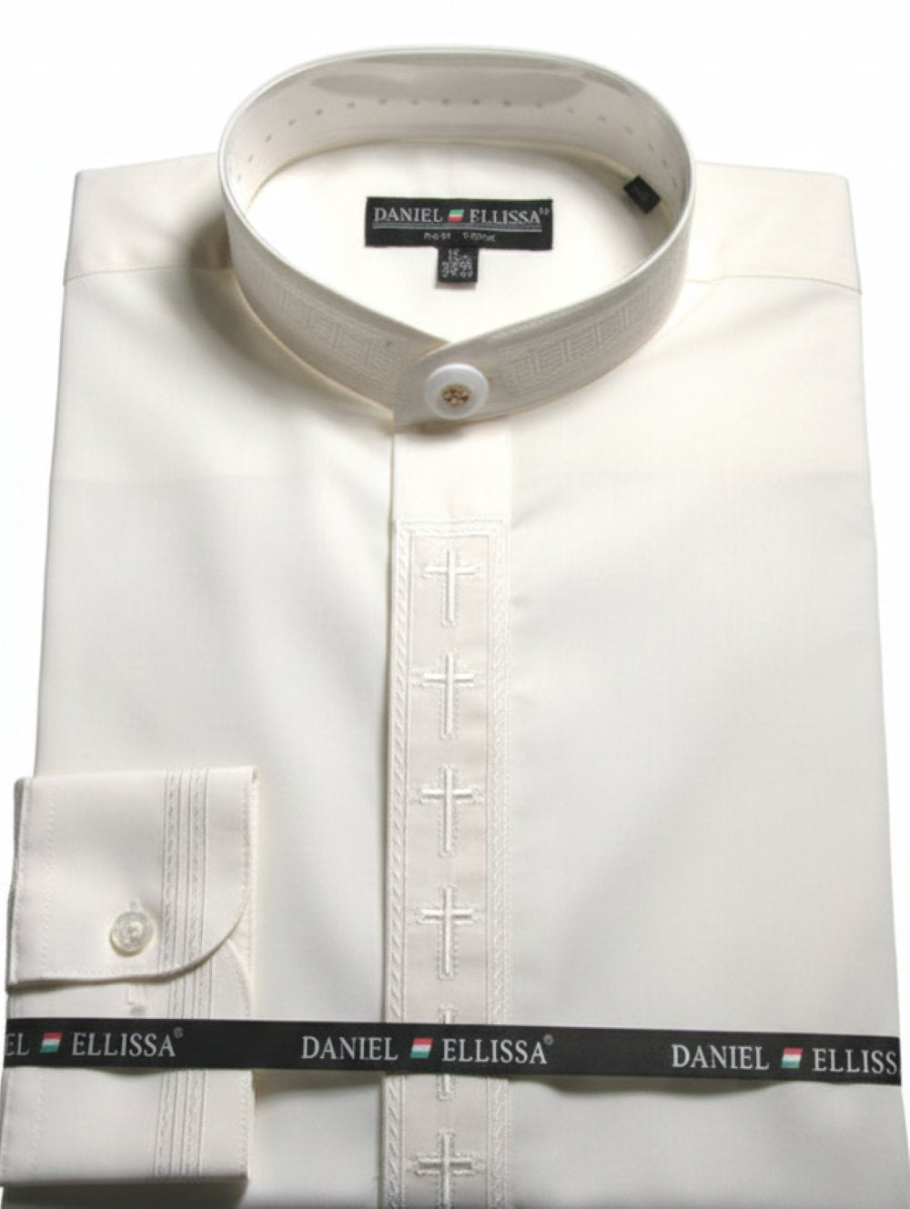 Men's Banded Collar Embroidered Convertible Cuff Shirt in Ivory