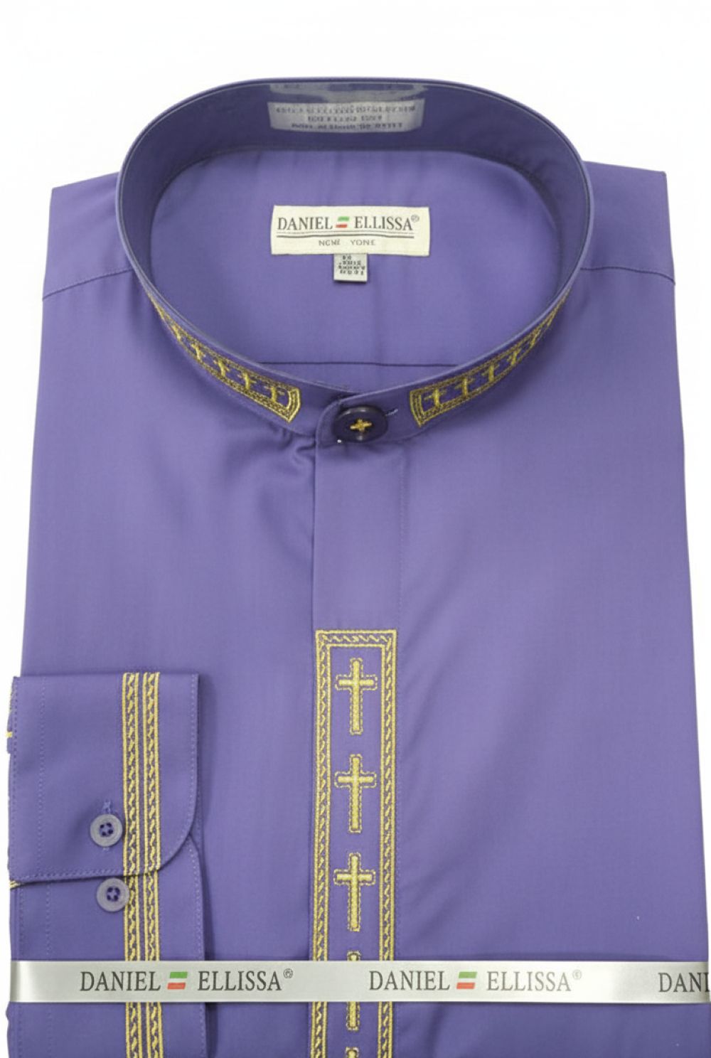 Men's Banded Collar Embroidered Convertible Cuff Shirt in Purple/Gold