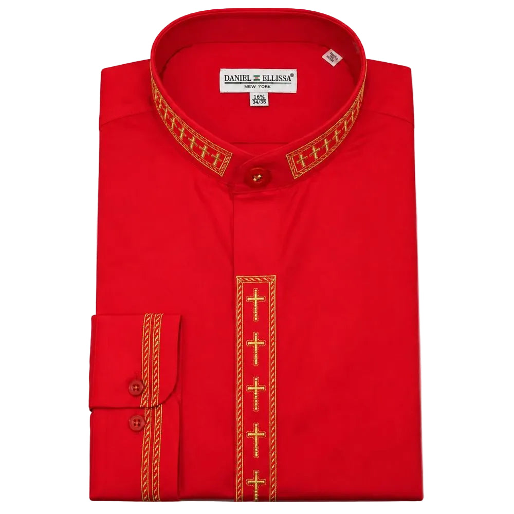 Red and gold regular fit men's embroidered banded collar shirt