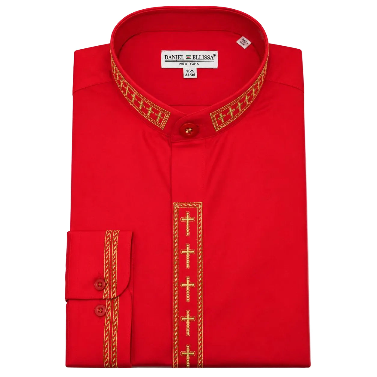 Men's Banded Collar Embroidered Convertible Cuff Shirt in Red/Gold