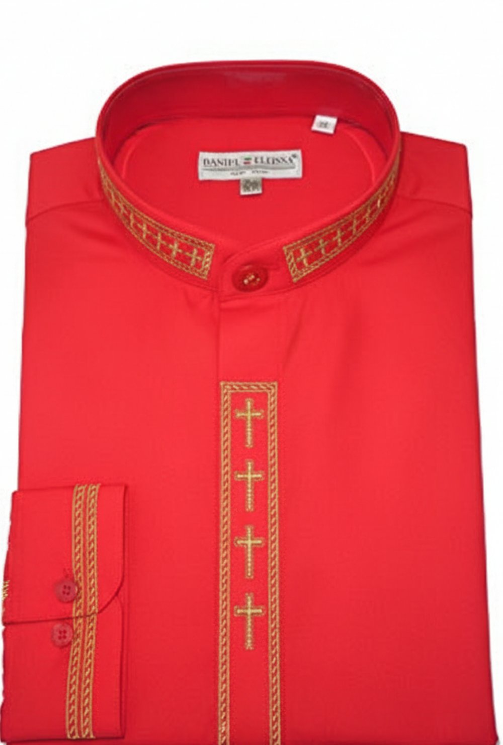 Men's Banded Collar Embroidered Convertible Cuff Shirt in Red/Gold