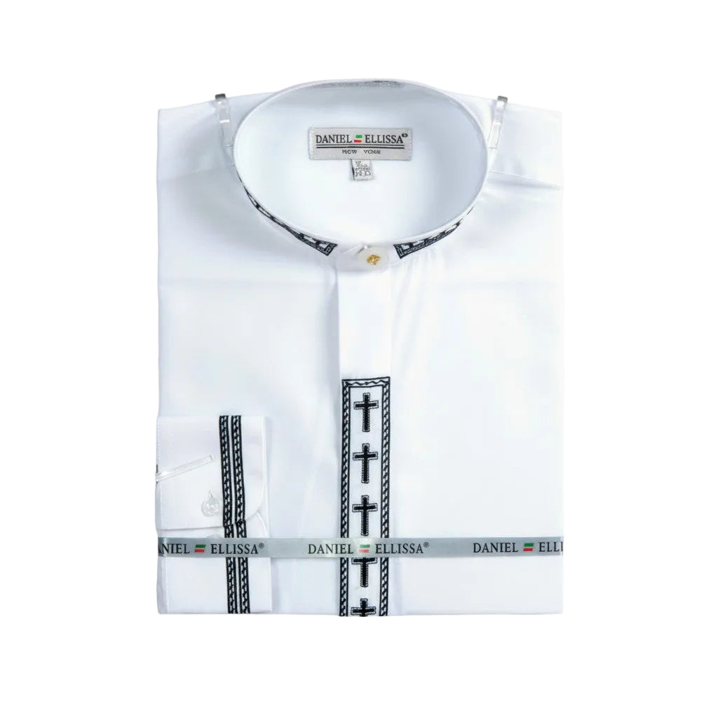 Men's Banded Collar Embroidered Convertible Cuff Shirt in White/Black