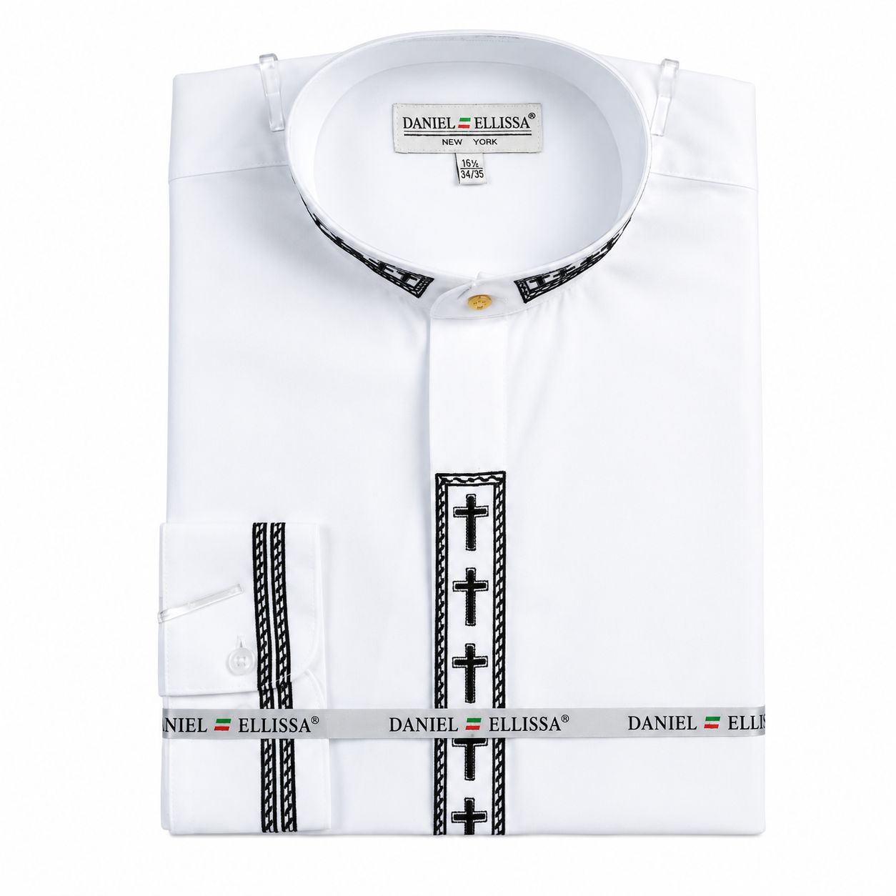 Men's Banded Collar Embroidered Convertible Cuff Shirt in White/Black