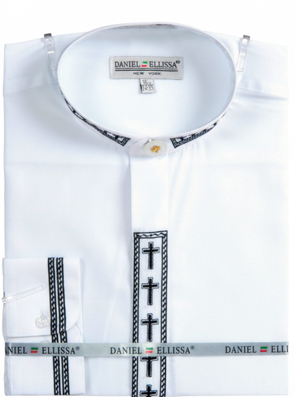 Men's Banded Collar Embroidered Convertible Cuff Shirt in White/Black