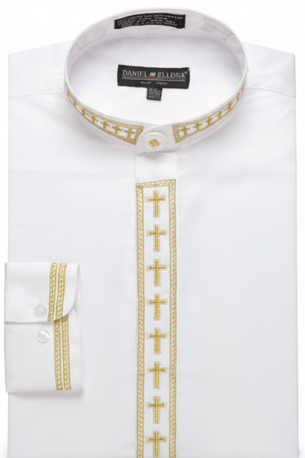 Men's Banded Collar Embroidered Shirt in White/Gold