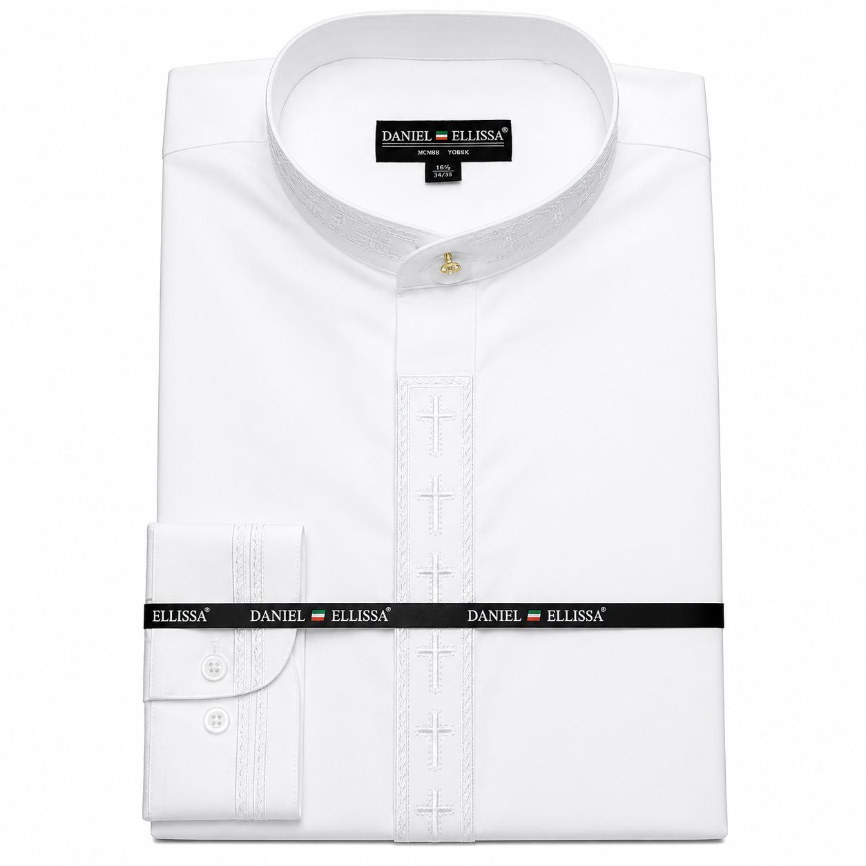 Men's Banded Collar Embroidered Convertible Cuff Shirt in White/White
