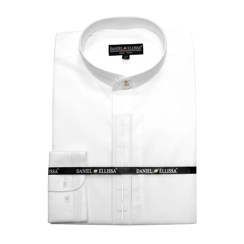 Men's Banded Collar Embroidered Convertible Cuff Shirt in White/White