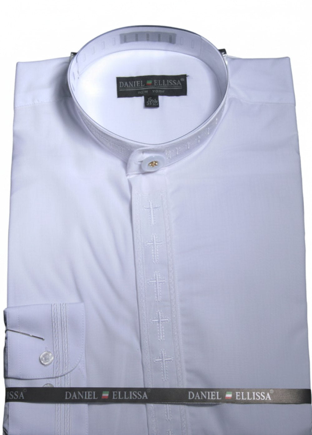 Men's Banded Collar Embroidered Convertible Cuff Shirt in White/White