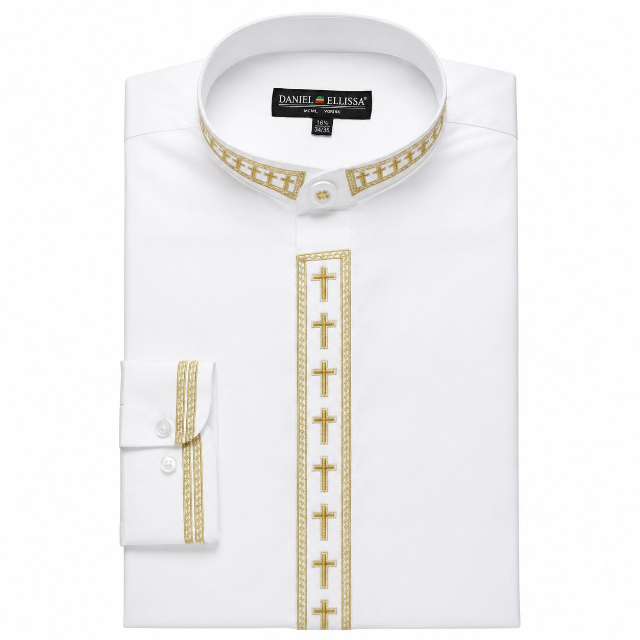 Men's Banded Collar Embroidered Shirt in White/Gold