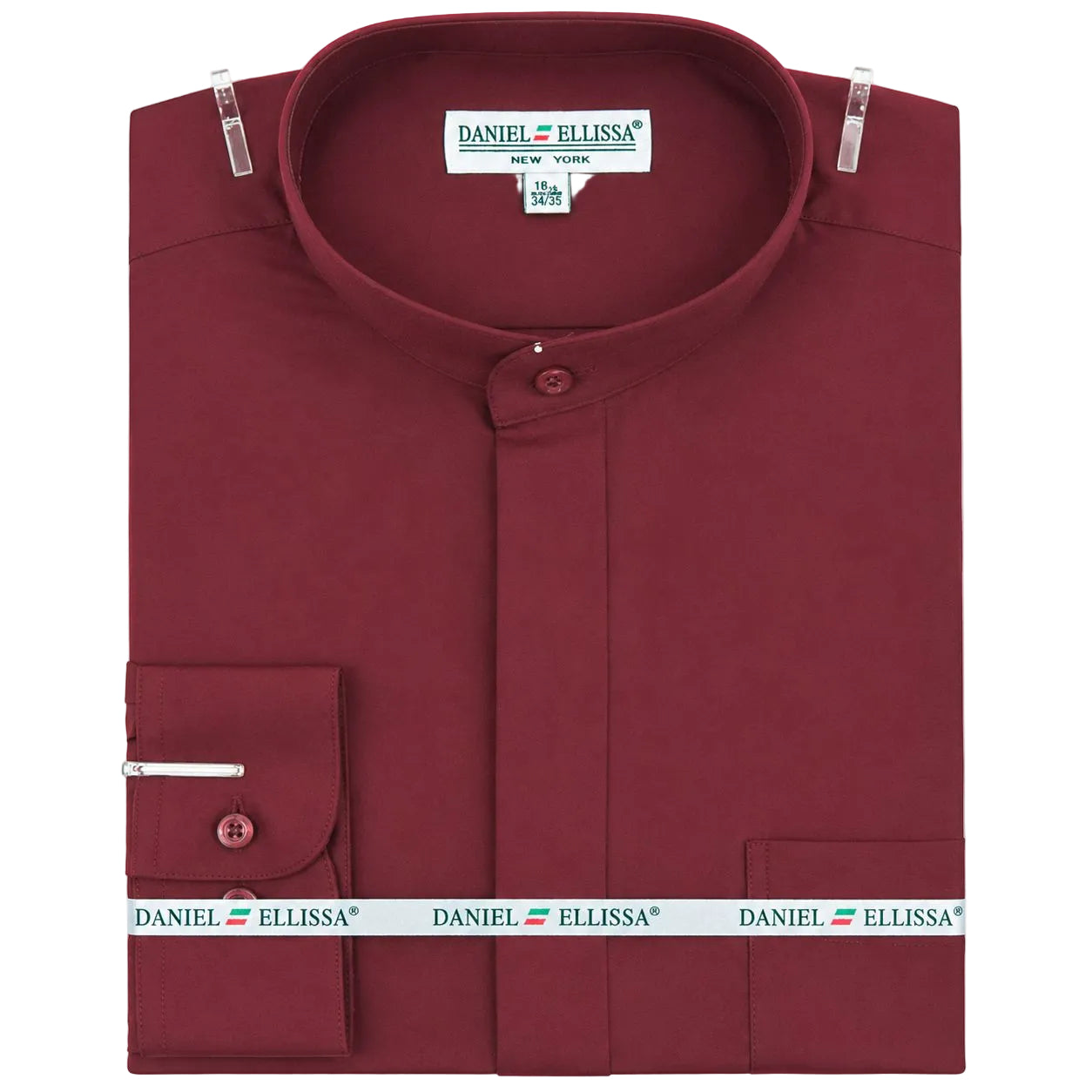 Basic Banded Collar Convertible Cuff Dress Shirt in Burgundy