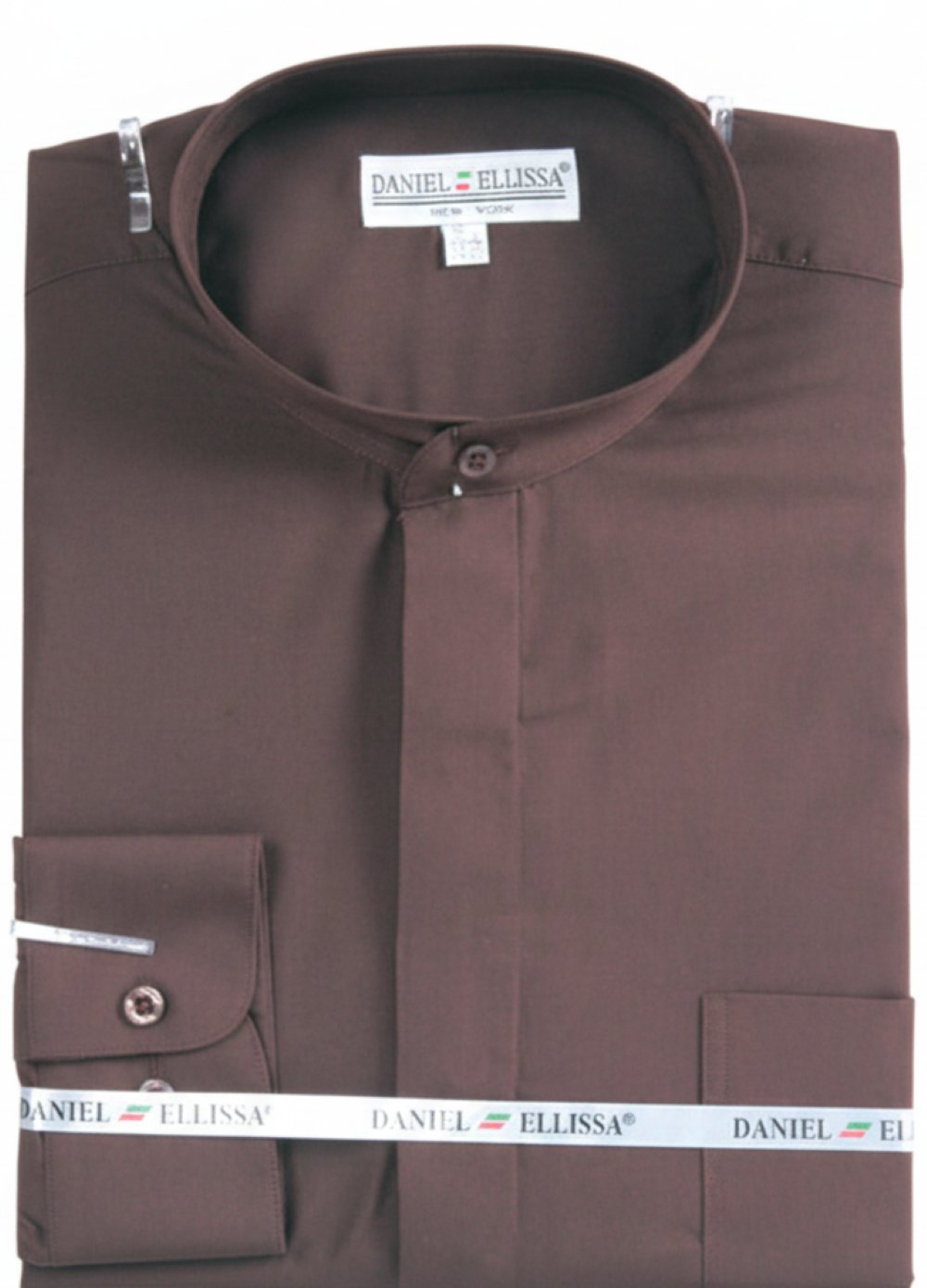 Basic Banded Collar Convertible Cuff Dress Shirt in Dark Brown
