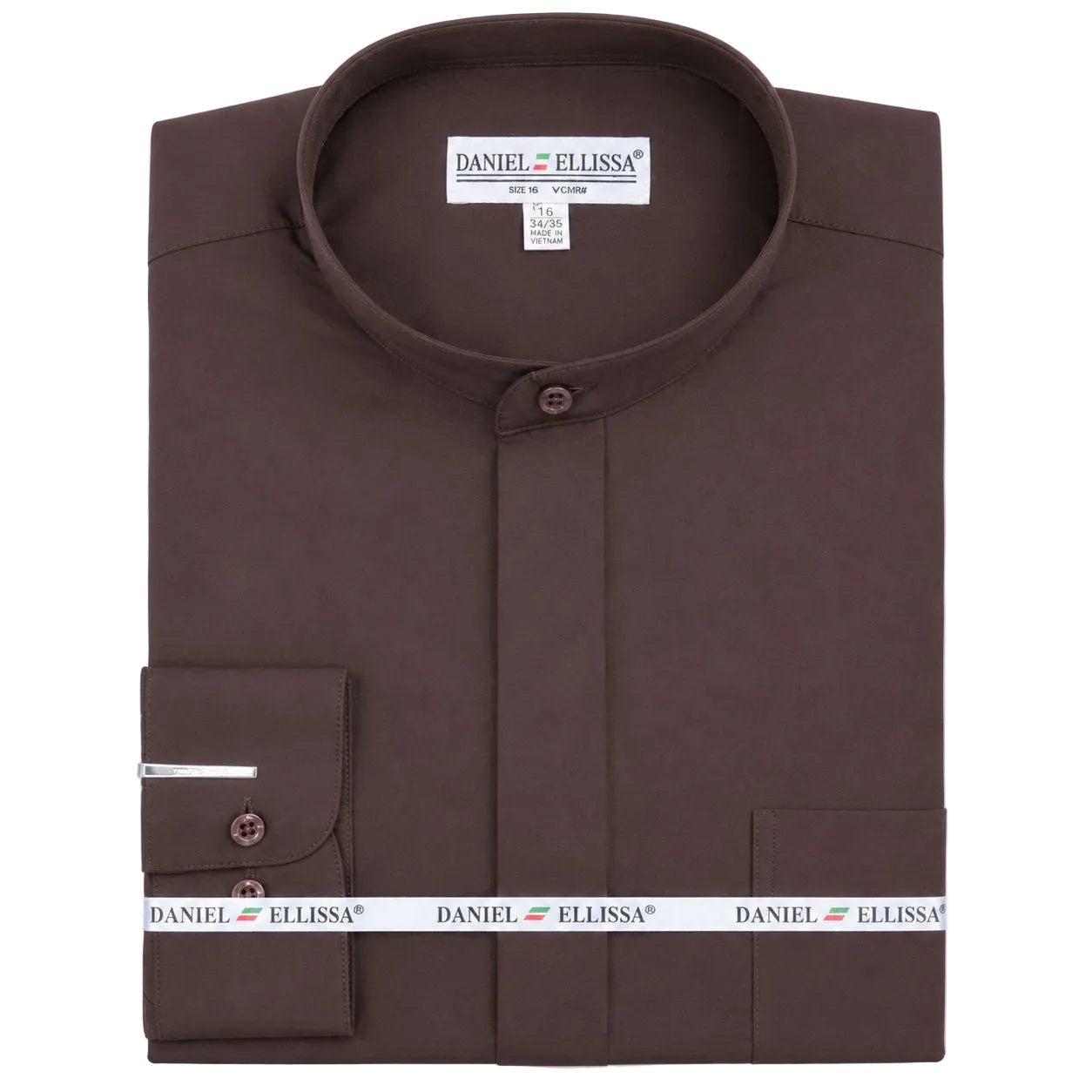 Basic Banded Collar Convertible Cuff Dress Shirt in Dark Brown
