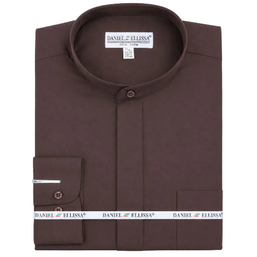 Dark brown regular fit men's banded collar convertible cuff dress shirt