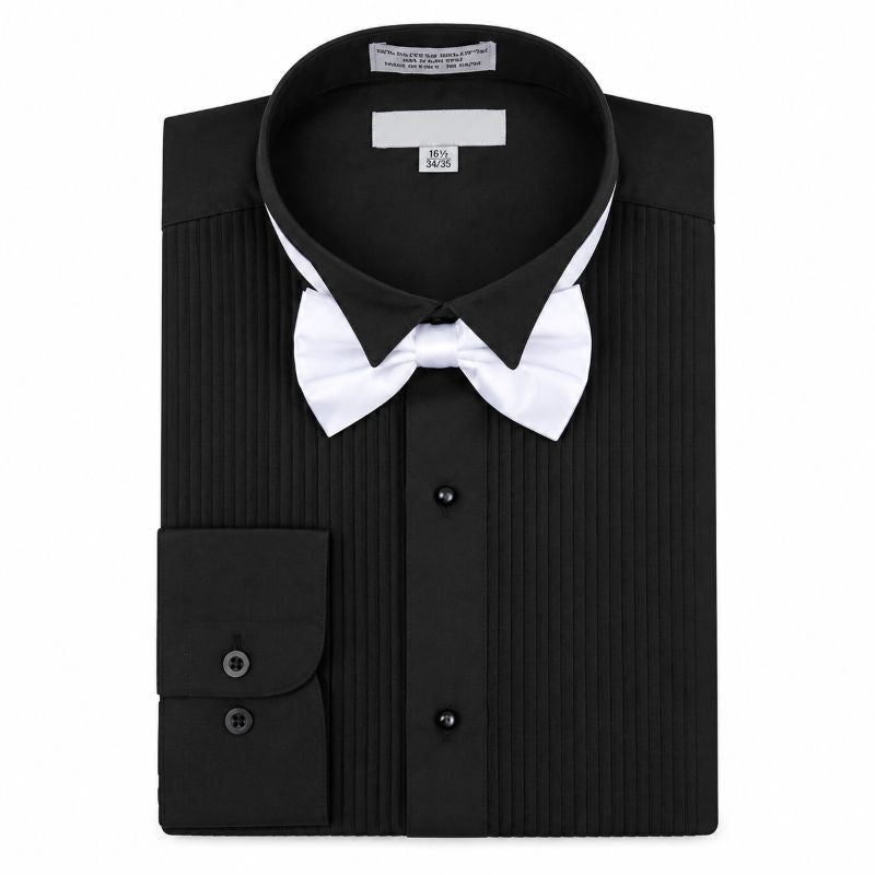 Regular Fit Wingtip Collar Pin Pleated Tuxedo Dress Shirt Set - Black