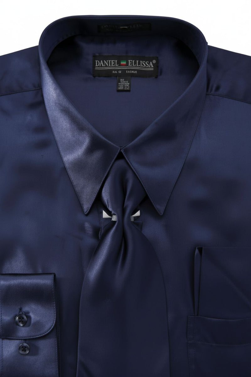 Men's Satin Dress Shirt Convertible Cuff Regular Fit in Navy With Tie And Pocket Square 16½ 36/37 / Navy Men's Satin Dress Shirt Convertible Cuff Regular Fit in Navy With Tie And Pocket Square 16½ 36/37 / Navy