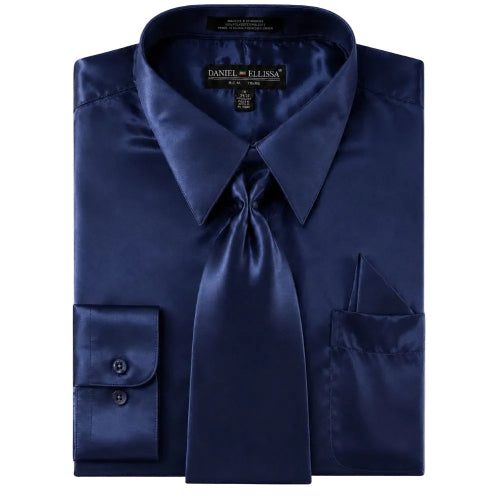 Navy regular fit satin dress shirt with tie and pocket square