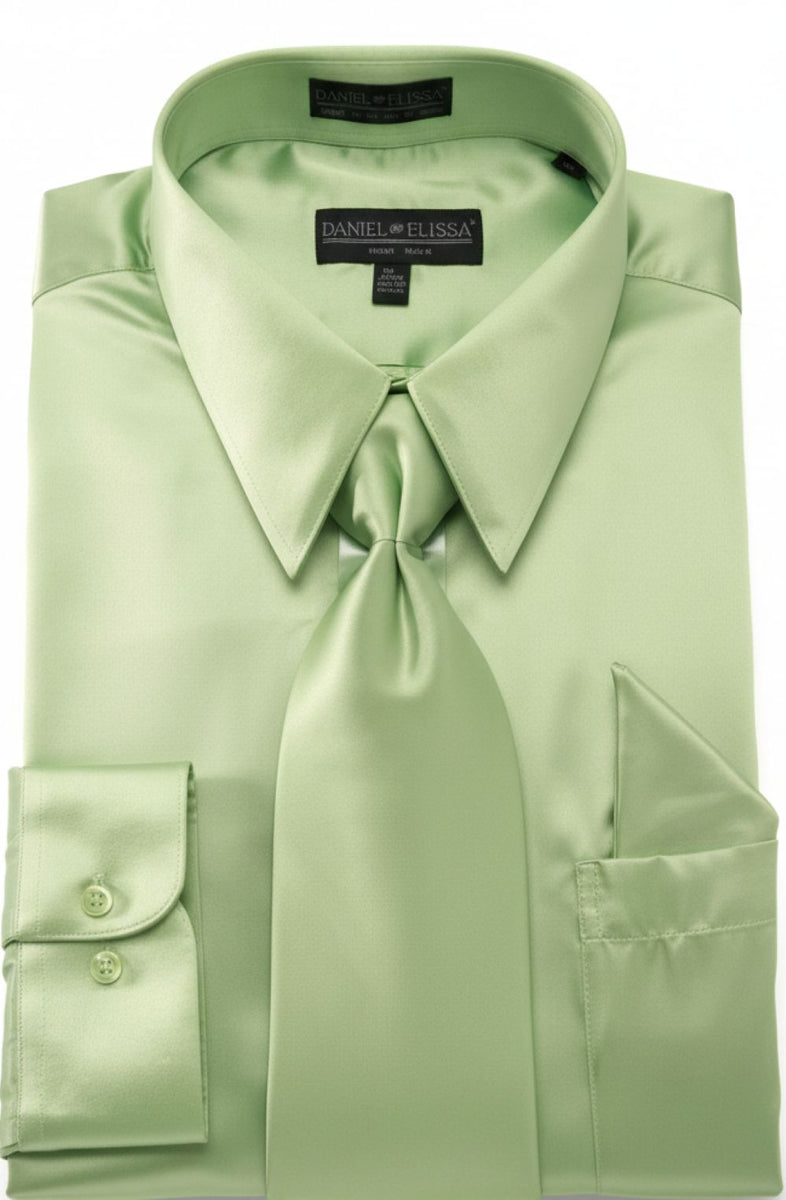 Men's Satin Dress Shirt Regular Fit In Apple Green With Tie Pocket Square 14 32/33 / Apple Green Men's Satin Dress Shirt Regular Fit In Apple Green With Tie Pocket Square 14 32/33 / Apple Green