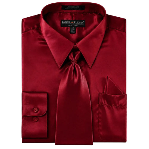 Burgundy regular fit satin dress shirt with tie and pocket square