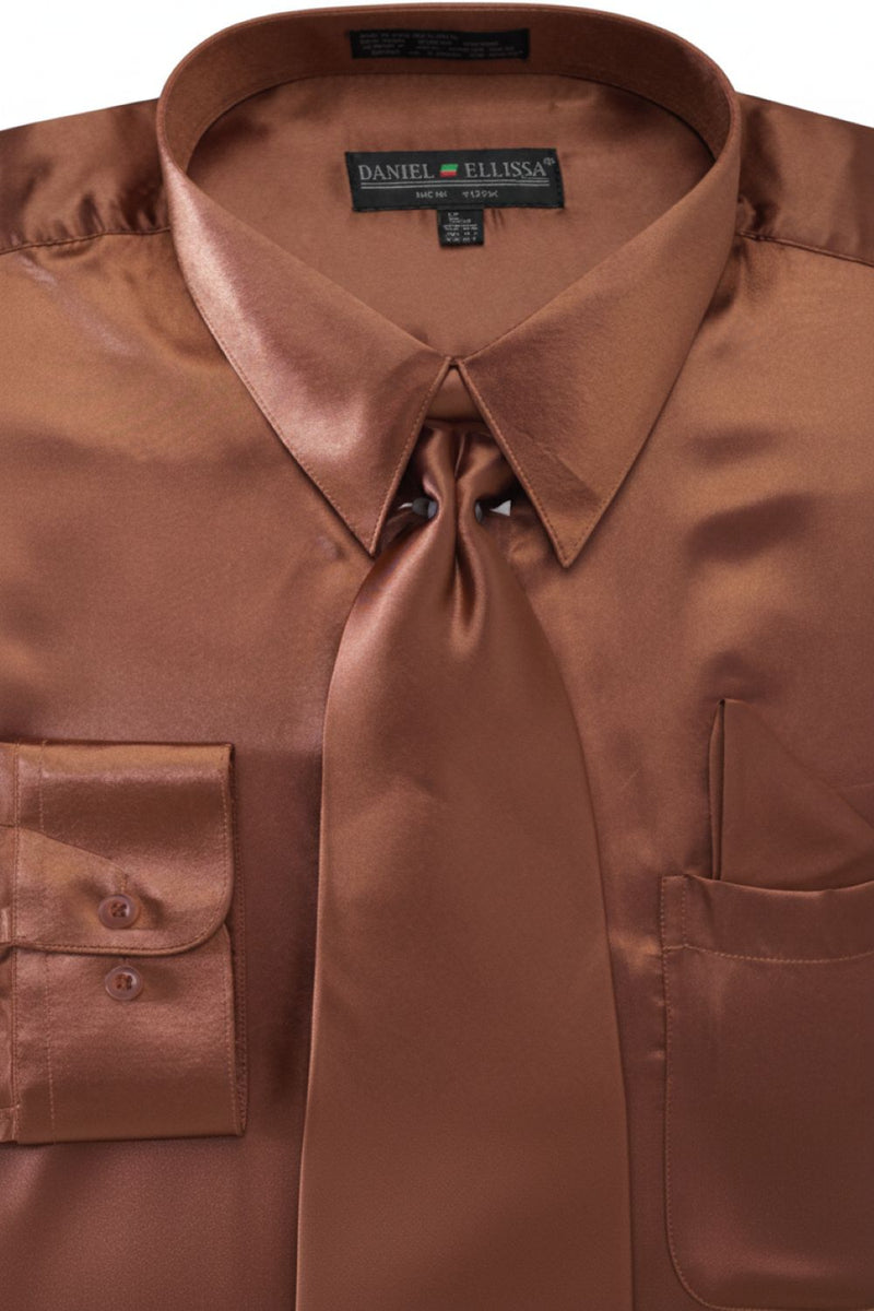 Satin Dress Shirt Convertible Cuff Regular Fit in Copper With Tie And | Suits Outlets Men's Fashion Satin Dress Shirt Convertible Cuff Regular Fit in Copper With Tie And | Suits Outlets Men's Fashion