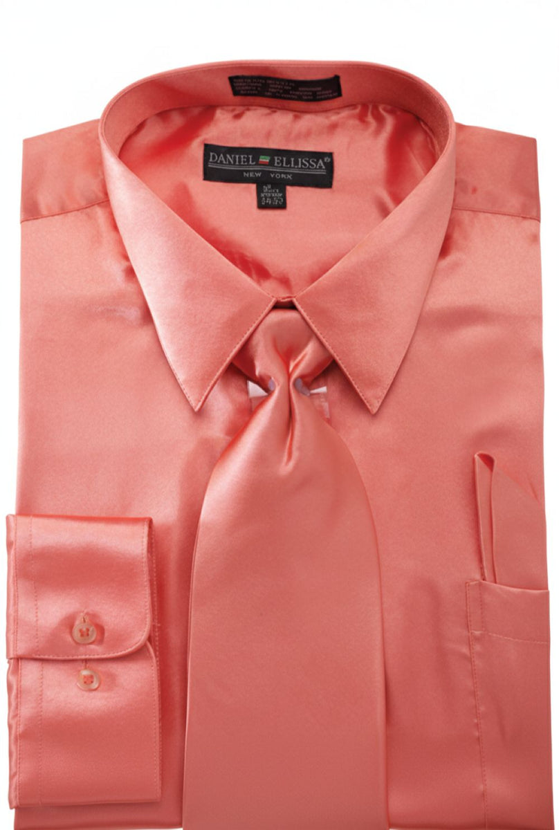 Men's Satin Dress Shirt Convertible Cuff Regular Fit in Coral With Tie And Pocket Square 21½ 35/36 / Coral Men's Satin Dress Shirt Convertible Cuff Regular Fit in Coral With Tie And Pocket Square 21½ 35/36 / Coral