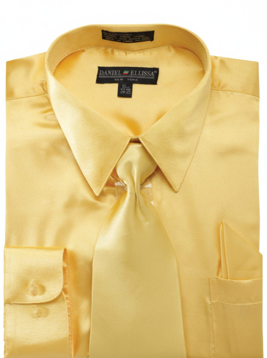 Men's Satin Dress Shirt Convertible Cuff Regular Fit in Gold With Tie And Pocket Square 20 35/36 / Gold Men's Satin Dress Shirt Convertible Cuff Regular Fit in Gold With Tie And Pocket Square 20 35/36 / Gold