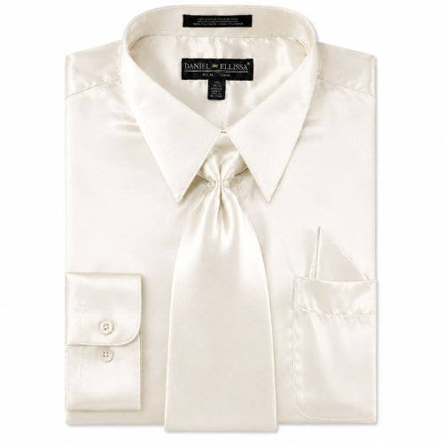 Ivory regular fit satin dress shirt with tie and pocket square