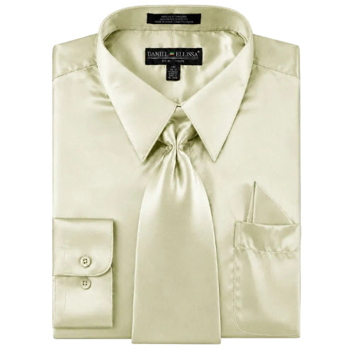 Olive regular fit satin dress shirt with tie and pocket square