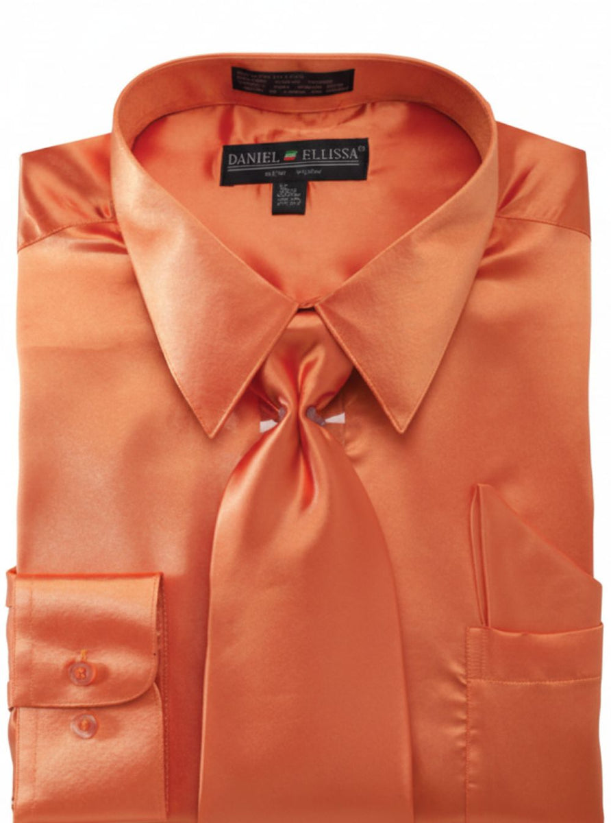 orange dress shirt and tie Men's Satin Dress Shirt Convertible Cuff Regular Fit in Orange With Tie And Pocket Square 20½ 35/36 / Orange